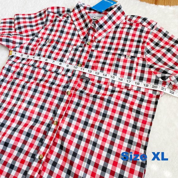 Columbia, Women's PFG Bonehead Short Sleeve Shirts, Red/Black Plaid, Size L / XL - Picture 10 of 12